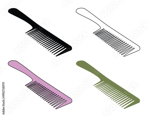 Minimalist hair comb vector set, professional salon styling tools in black and pastel colors, grooming accessories for barbershop and beauty parlor branding