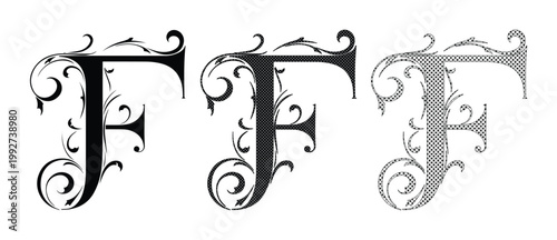 Vintage ornamental letter F set, elegant floral initial monogram vector, decorative calligraphic alphabet design for luxury branding and wedding stationery
