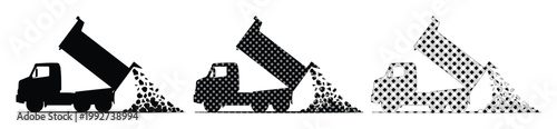 Dump truck silhouette icons set, heavy construction vehicle unloading gravel, industrial tipper truck vector illustrations for logistics and mining
