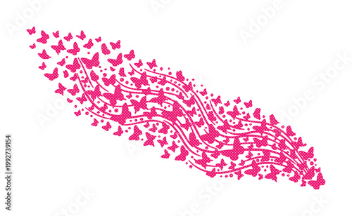 Pink butterfly swarm vector illustration, decorative flying insects with abstract wavy lines, vibrant magenta butterfly trail for greeting cards