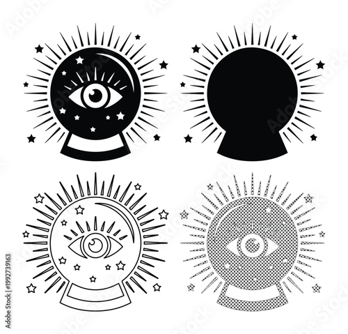 Mystical crystal ball vector set, magic fortune teller icons with third eye and stars, occult spiritual glass sphere illustrations for tarot and astrology