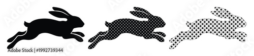 Running rabbit silhouette vector set, jumping hare icons with halftone pattern and solid black fill, fast leaping bunny animal graphics for logo design