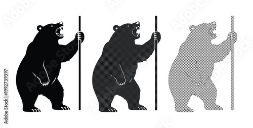 Heraldic bear silhouettes holding staff, standing grizzly bear vector set, black and grey forest animal icons for logo design and coat of arms