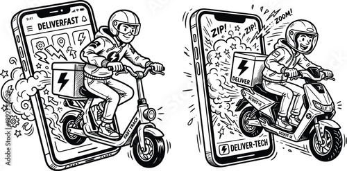 Online fast delivery service concept with a rider on a scooter emerging from a smartphone screen food delivery mobile app order online e commerce