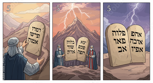 Moses presents the holy stone tablets upon a mountain in ancient.