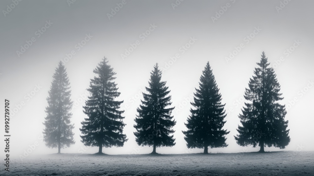 Fototapeta premium Pine trees aligned in a row, layered compression effect