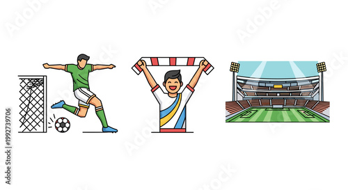 Vibrant football scene featuring a player kicking a ball, a cheering fan with a scarf, and a detailed stadium, all rendered in a clean, colorful, and scalable vector illustration