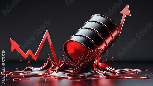 crude oil price volatility concept, Symbolic illustration showing oil barrel melting into chaotic zigzag graph with rising arrow on dark background