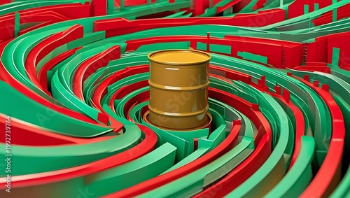 crude oil price volatility concept, a golden barrel at the center of swirling red and green financial line graphs forming an abstract vortex