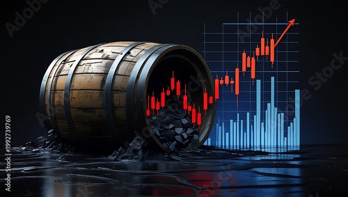 crude oil price volatility concept, a cracked wooden barrel spilling black fragments on a dark reflective surface with a candlestick chart
