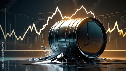 crude oil price volatility concept, cracked barrel spilling black oil against a dark background with dramatic jagged gold graph overlay