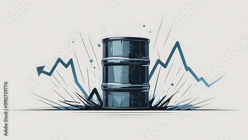 crude oil price volatility concept, this minimal vector infographic shows a dark barrel centered with jagged rising and falling graph lines
