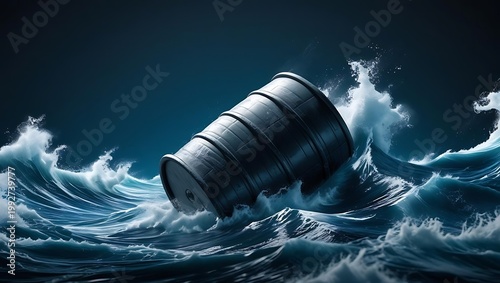 crude oil price volatility concept, an oil barrel riding stormy ocean waves under dark blue lighting to symbolize market instability