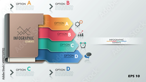 3D Notebook Index Infographic. Professional Vector Template with 4 Arrow-Style Option Tabs for Business Strategy, Education Planning, and Knowledge Management.