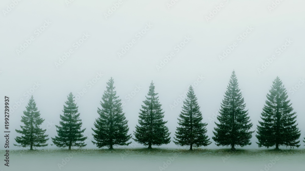 Fototapeta premium Pine trees aligned in a row, layered compression effect
