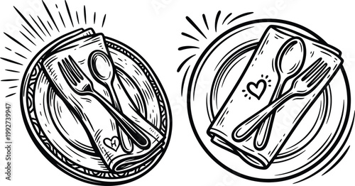 Elegant dining table place setting with a plate napkin fork spoon line art fine dining dinnerware restaurant romantic dinner celebration