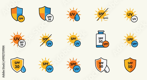 Flat lay of various sun protection icons with SPF ratings and UV symbols on a clean white background, conveying a skin theme with colorful and informative graphics