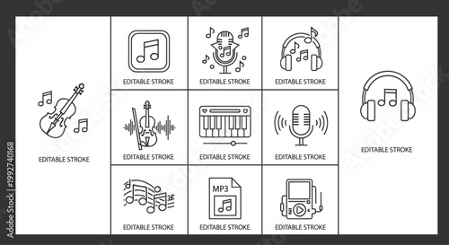 Music audio line icons set guitar headphones microphone piano playlist mp3 sound wave editable stroke vector collection