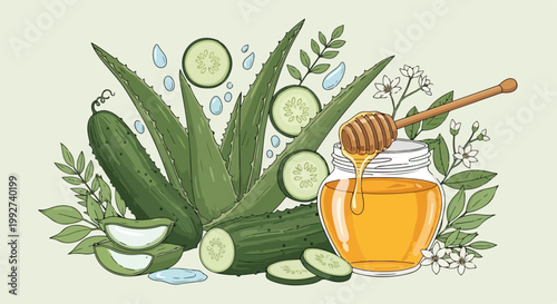 An illustration of sliced aloe vera, cucumbers, honey, and honey dipper on a table with a skin care theme and natural ingredients