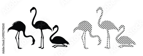 Flamingo silhouette vector set, tropical bird icons in solid black and halftone patterns, exotic wildlife animal graphics for summer design