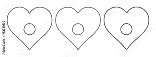 Minimalist heart map pin icons, set of 3 outline location markers with heart shape, simple black and white vector navigation symbols for travel apps