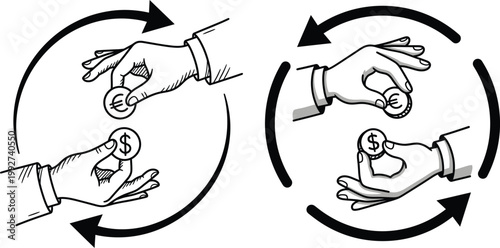 Hands exchanging international currency showing dollar and pound coins in circular flow with foreign exchange financial services wealth management