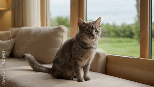 Brown Cat Sitting on Beige Sofa.