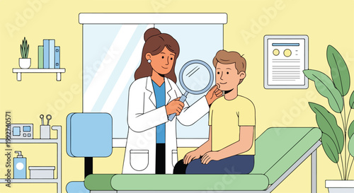 A female doctor examines a young boy's skin with a magnifying glass in a pediatrician's office with a skin theme