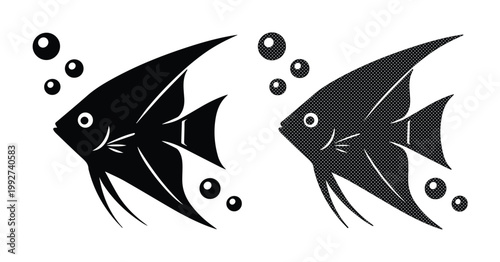 Minimalist angelfish silhouette vector icons, black tropical fish with bubbles, aquatic animal graphic elements for logo design and pet shop branding