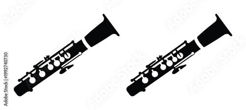 Clarinet silhouette vector icons, black woodwind musical instrument symbols, classical orchestra clarinet graphics for jazz and music education