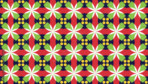 Seamless geometric floral pattern with abstract flower shapes and circles in vibrant colors