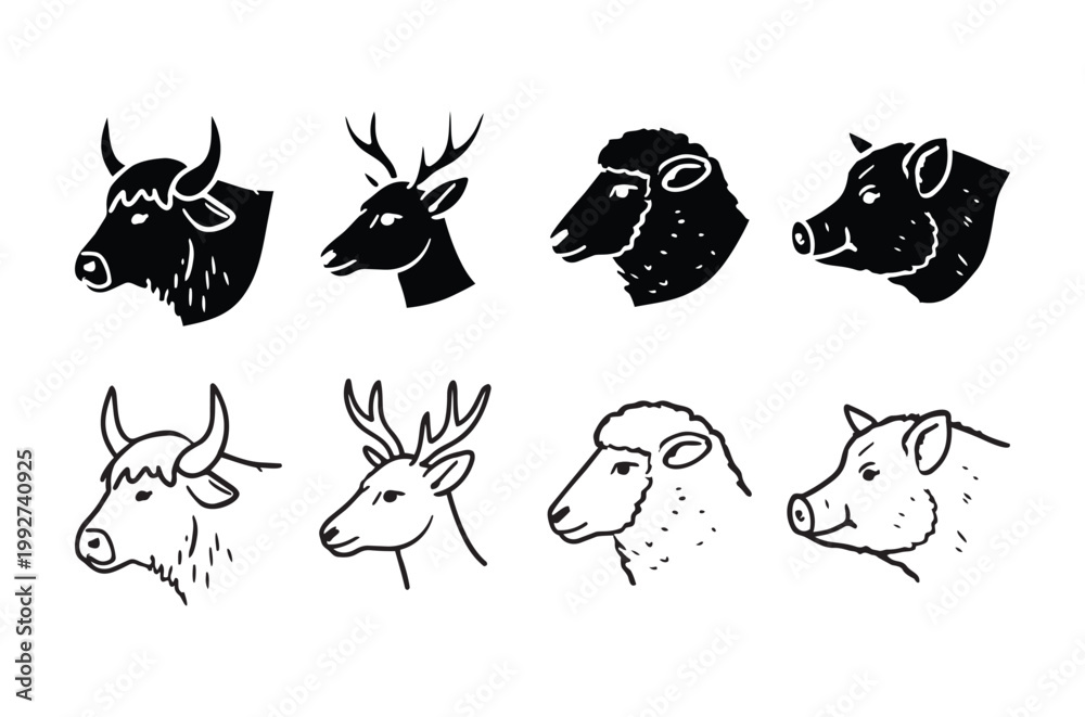Fototapeta premium Black and white illustrations of farm animal heads in varying styles