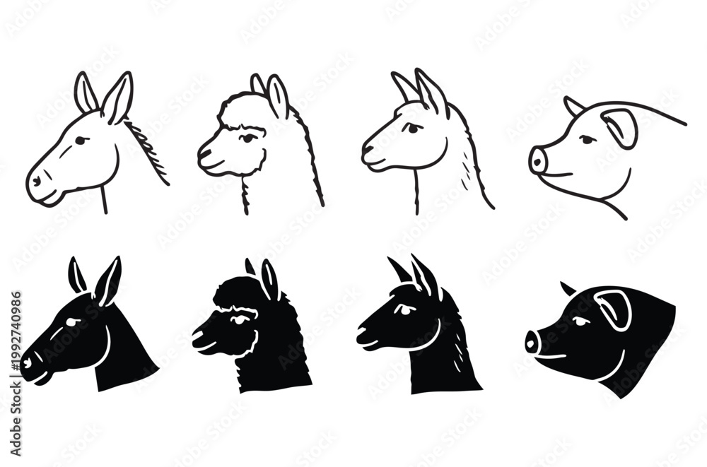 Naklejka premium Line art depictions of farm animals including horses llamas and pigs
