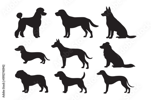 Collection of dog silhouettes in various breeds and poses