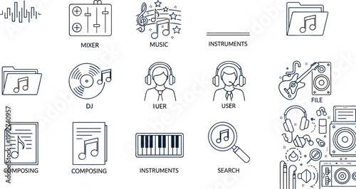 Music production line icons set audio mixer instruments DJ headphones composing files vector illustration collection