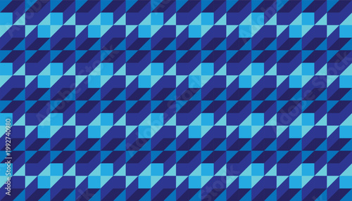 Seamless geometric pattern with 3D effect in various blue shades and abstract shapes