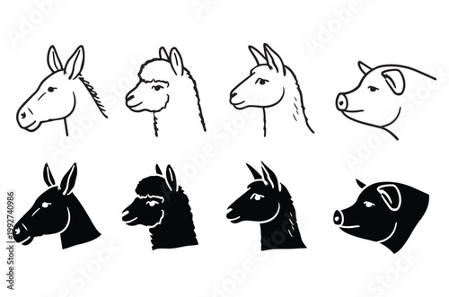 Line art depictions of farm animals including horses llamas and pigs