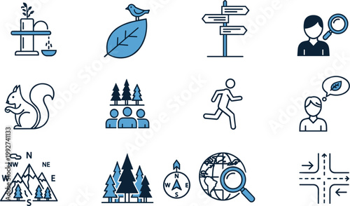 Nature exploration icons set navigation wildlife travel symbols vector illustration collection modern line design elements