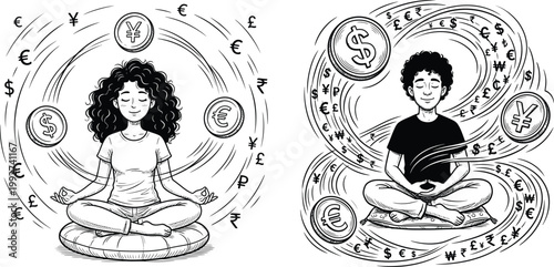 People meditating in lotus position surrounded by spiritual and astrological symbols with mental health meditation meditating spiritual wellness