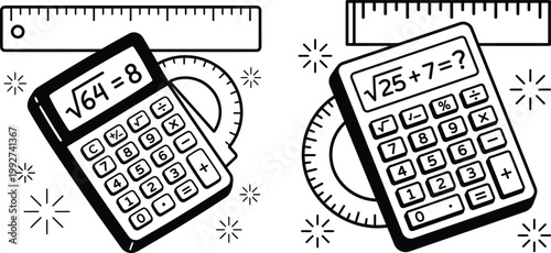Two calculators with math equations square roots geometric tools like protractors and rulers representing concepts of mathematics science education