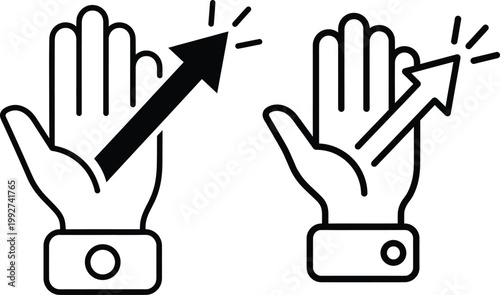 Two vector illustrations of hands with arrows pointing diagonally upwards symbolizing concepts of growth progress success positive direction