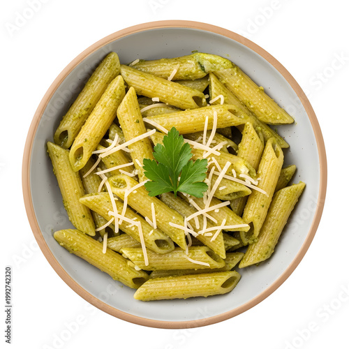 Delicious pesto pasta with cheese and parsley in a bowl isolated on transparent background
