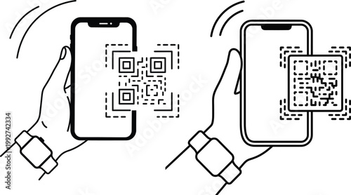 Two vector illustrations of hands holding smartphones scanning qr codes smartwatches on wrists representing mobile technology digital transactions
