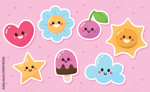 Kawaii sticker characters. Colorful elements for children's design. A funny flower, a delicious cherry, a sweet ice cream, a soft cloud, a cheerful sun, a bright star, a sweet heart.
