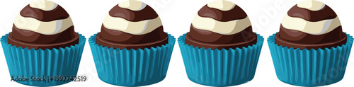 Chocolate Cupcake Collection with Cream Swirl Frosting and Blue Wrappers Sweet Dessert Bakery Vector Illustration Set