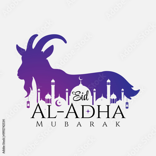 eid al-adha text with sacrificial animals and mosque