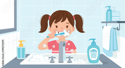 Little girl with pigtails diligently brushing her teeth in a bathroom with soap dispensers and towels on a light blue tiled wall background.