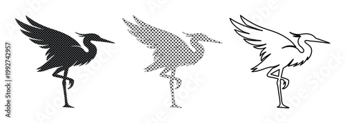Minimalist heron bird vector set, elegant crane silhouette icons, black and white wading bird illustrations for wildlife branding and logo design