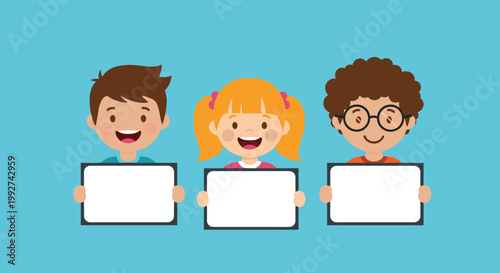 Three smiling children including a girl with blonde pigtails and two boys holding up blank white rectangular boards on a blue background.