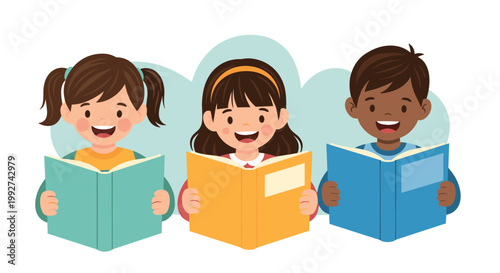Three diverse children sitting together and focused on reading their colorful books against a soft blue cloud-like background.